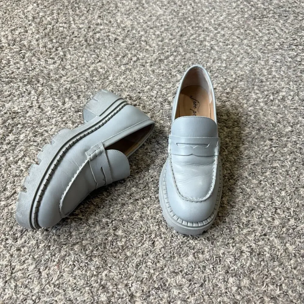 Free People Lyra Lug Sole Loafers Gray Leather Chunky Platform 39.5 US 9.5